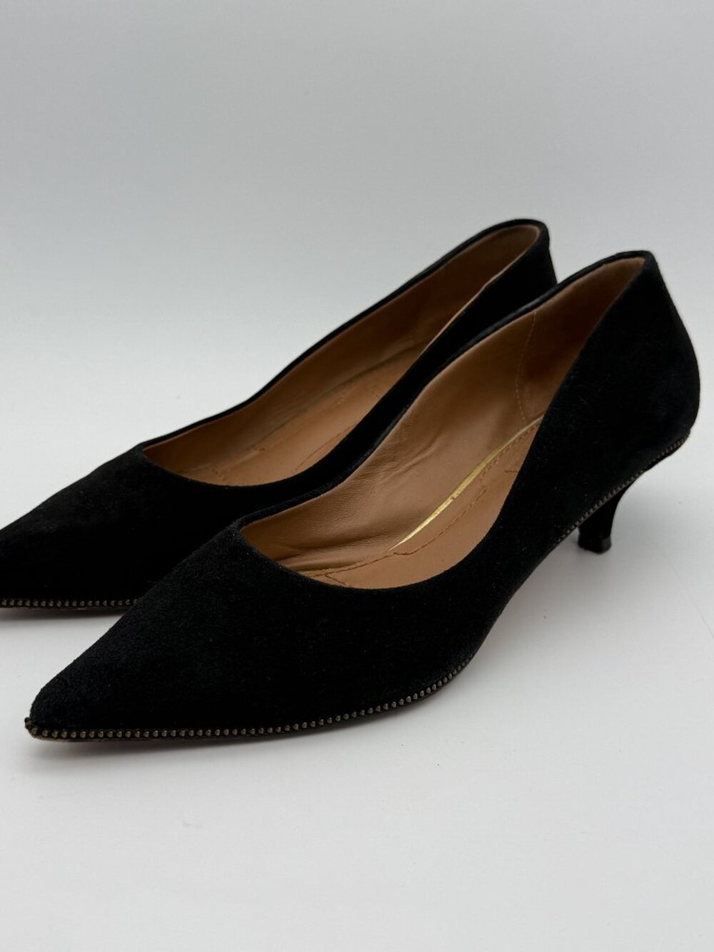 Givenchy Black Suede Pointed Toe Kitten Heels Zipper Trim Size 7.5